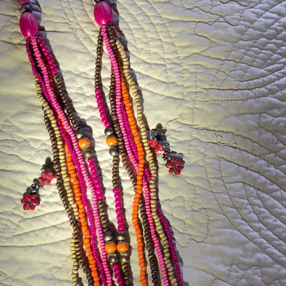 Vintage 1960’s Pink, brown & orange beaded necklace with flower drop earrings
